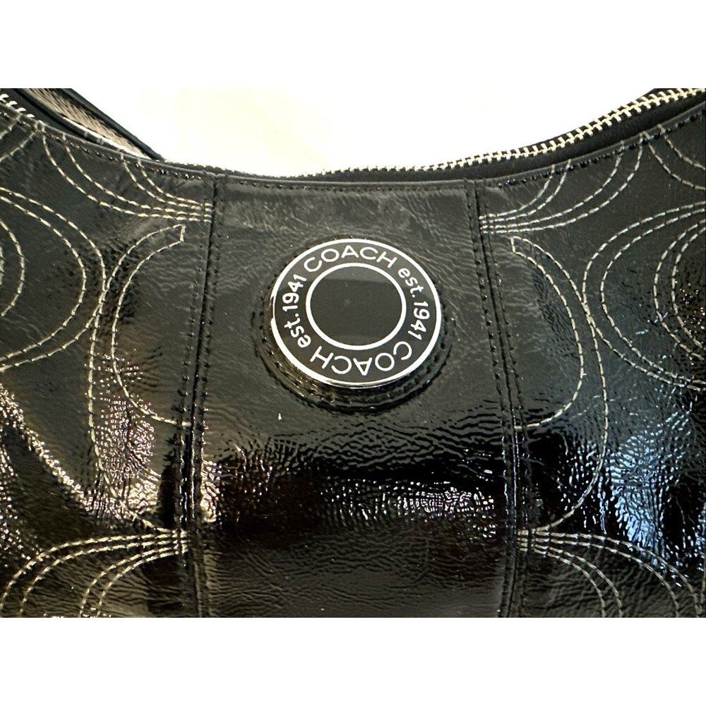 COACH Black Signature Patent Leather Hobo Handbag Purse A1293-F19282 Tag & Charm - Picture 2 of 16